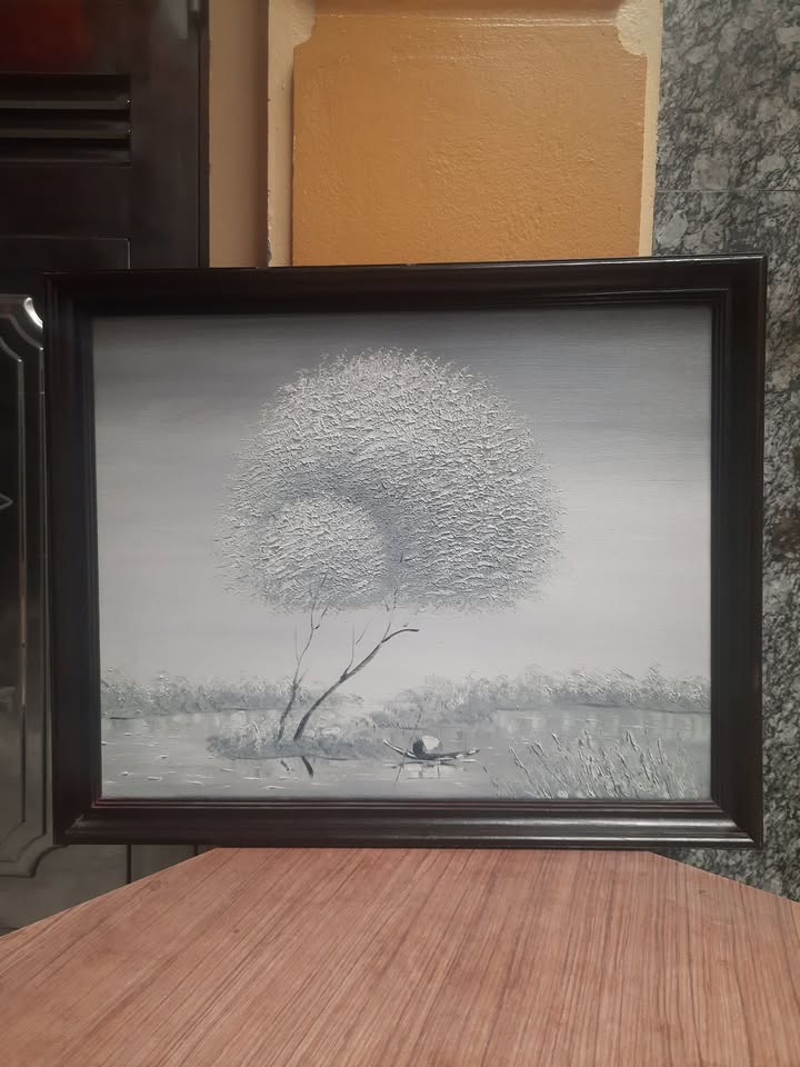 Tranh phong cảnh đơn sắc cây và thuyền — original_uncropped