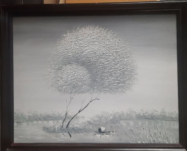 Tranh phong cảnh đơn sắc cây và thuyền