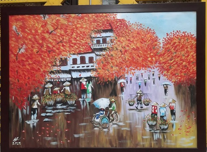 Tranh sơn dầu Phố cổ mùa lá đỏ