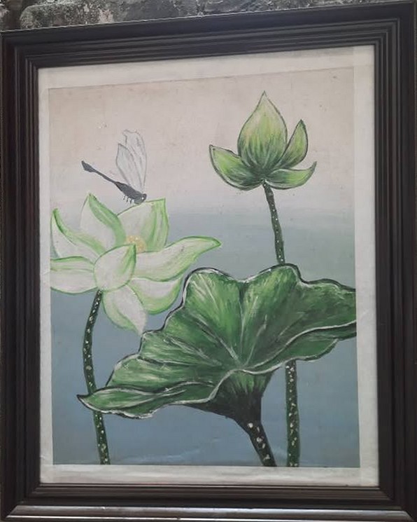 Tranh hoa sen trắng và chuồn chuồn