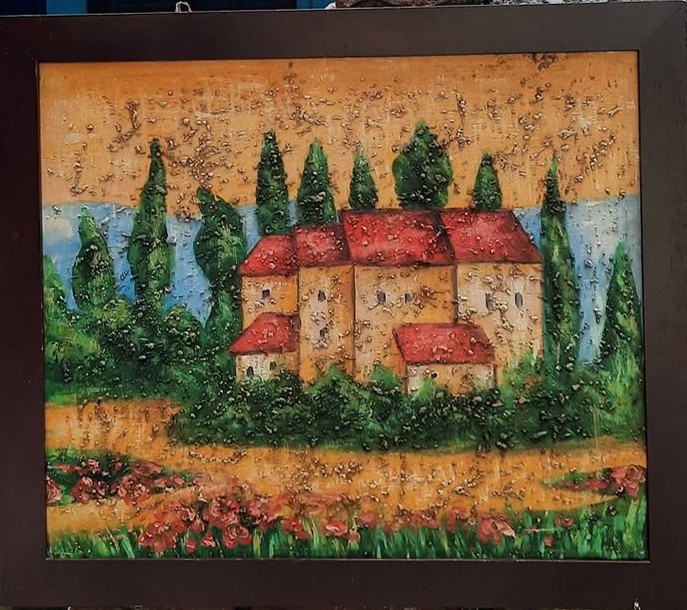 Tranh phong cảnh ngôi nhà cổ mái đỏ