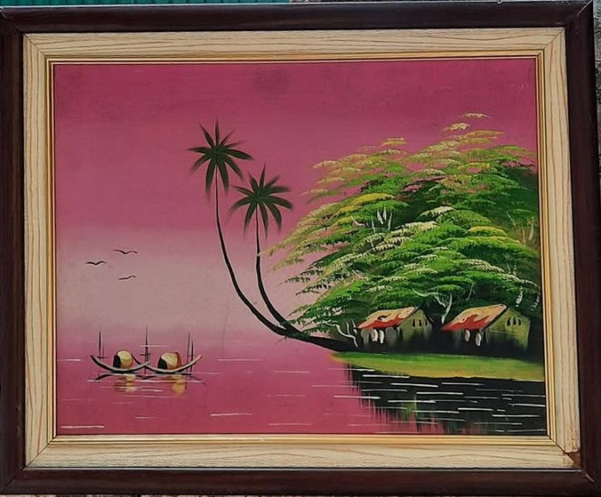 [PR/00060] Tranh phong cảnh làng quê ven sông bầu trời hồng